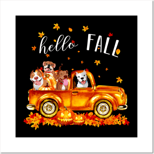 Pitbulls Hello Fall - Pitbulls In Car Pumpkin Halloween T-shirt Pitbulls Autunm Gift Posters and Art